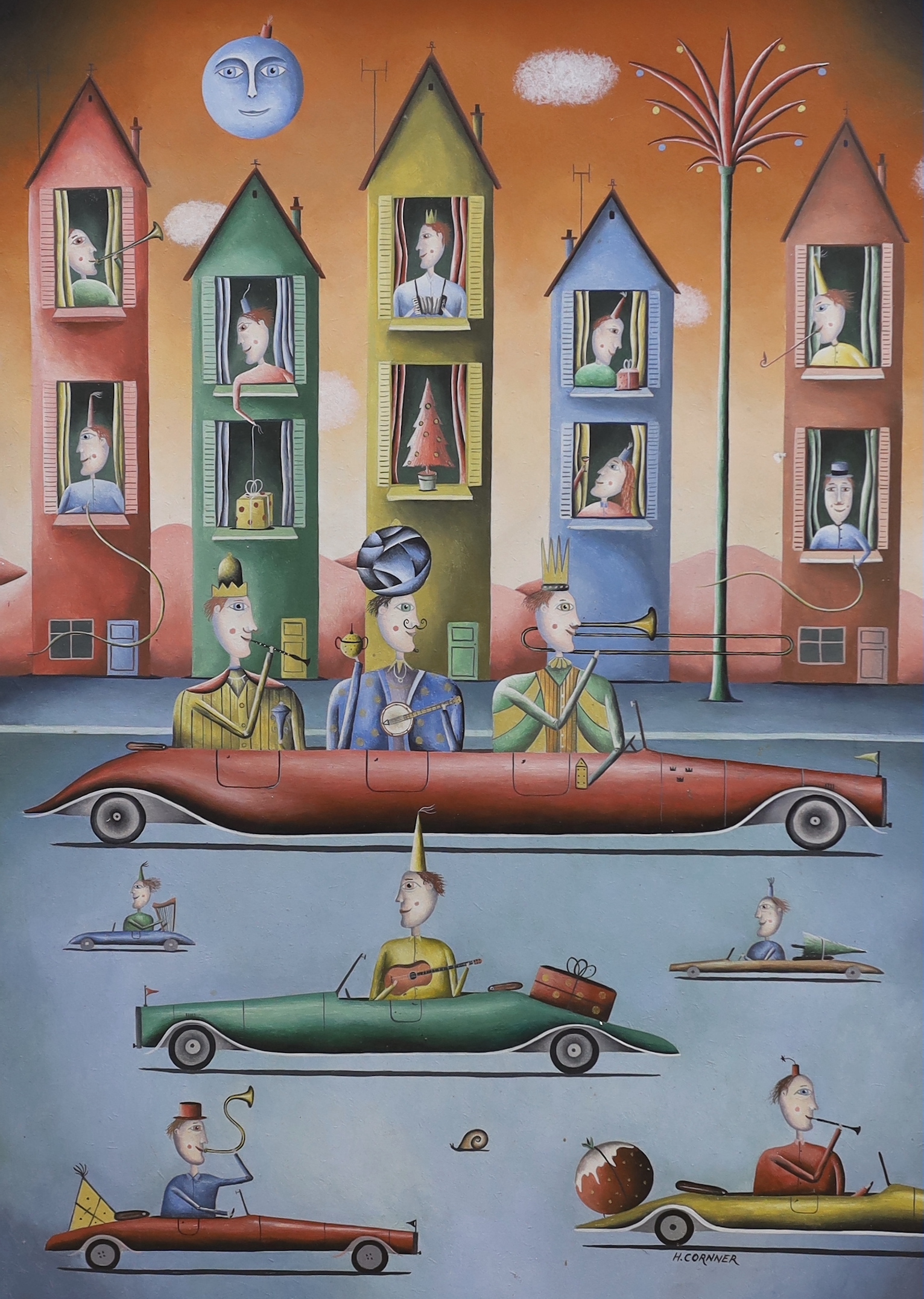 Haydn Cornner (b. 1961), oil on board, Surreal composition, cars and figures before buildings, signed, 53cm x 38cm